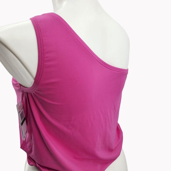 Michael Kors Size L Cerise Pink One Shoulder Tankini Swim Top Gold Logo New - Picture 6 of 9